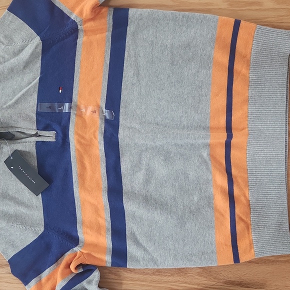 Tommy Hilfiger Men's Zip-Up Gray Sweater with Blue and Orange Stripes Large - Picture 13 of 17